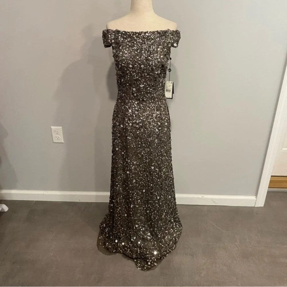 Adrianna Papell Silver Lead Off Shoulder Evening Dress Size 2 New with Tags - Picture 1 of 13